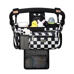 Baby stroller organizer caddy with cup holders mesh bag diaper storage black